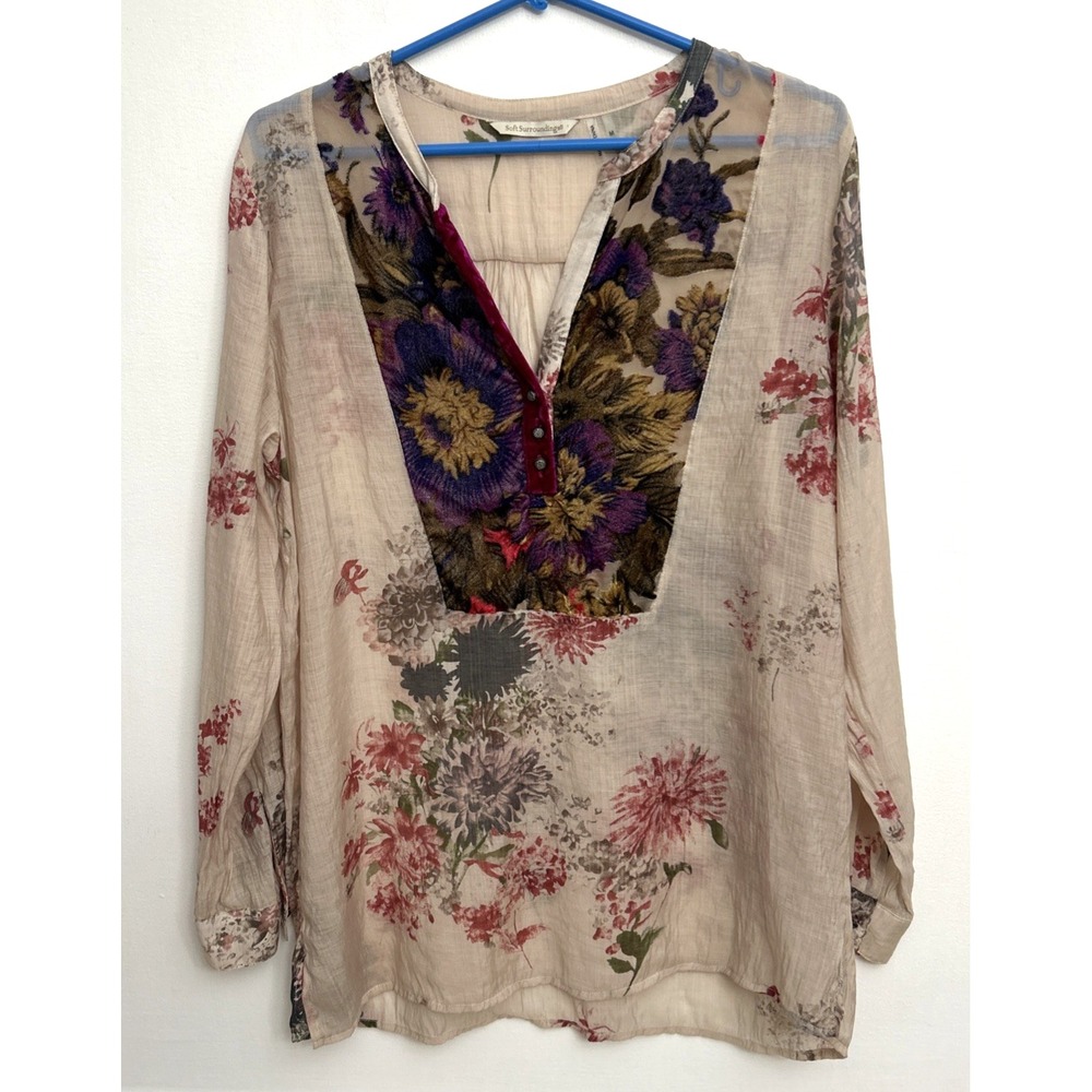 Soft Surroundings Blouse Top Women's M Beige Floral Mixed Media Boho Semi Sheer